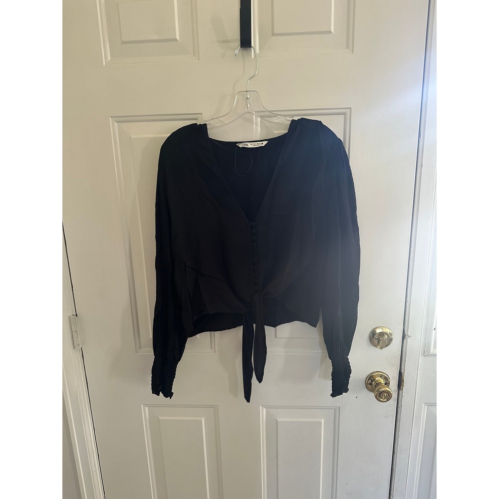 Zara Black Tie Front V-Neck Blouse Long Sleeve Smocked Cuff Crop Top Large